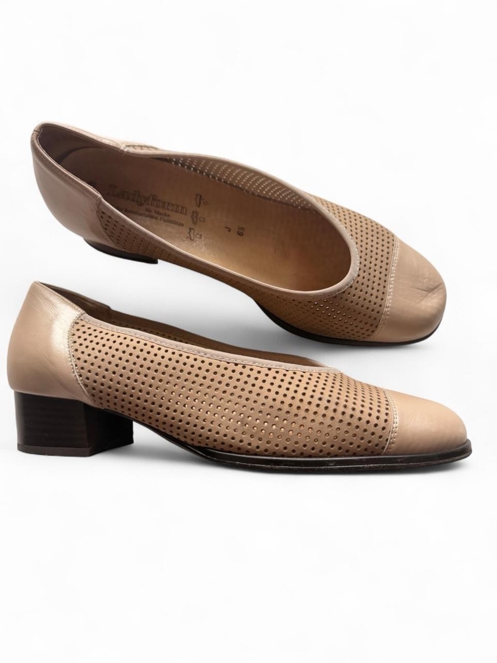 Perforated Nude Leather Low Block Heel Pumps